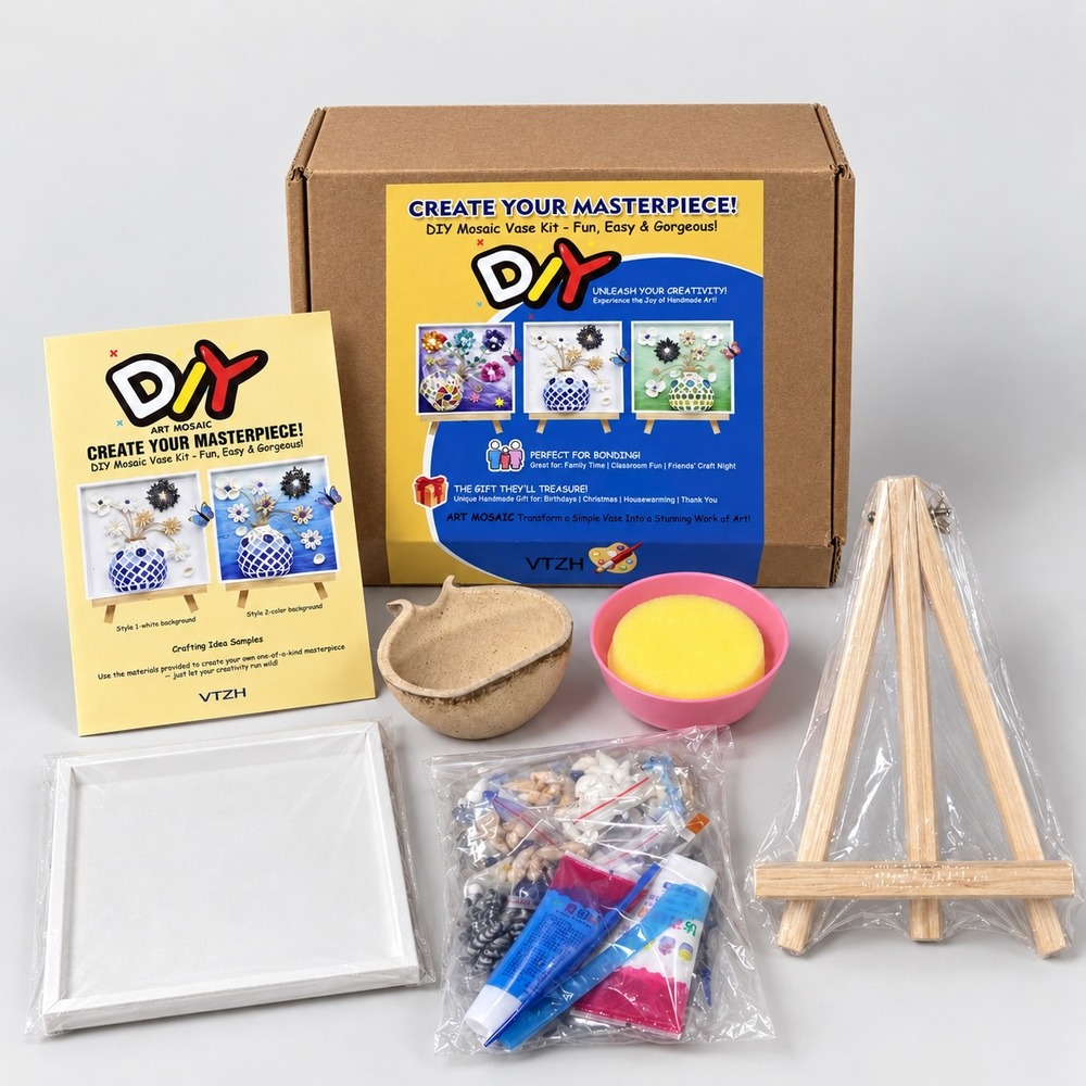 VTZH DIY Mosaic Vase Kit Art Mosaic Floral Craft Set with Easel and Seashells